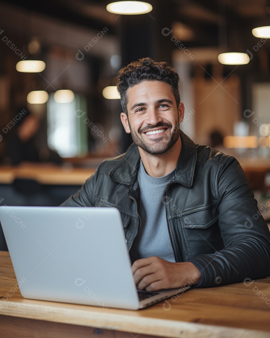 Homem atraente na casa dos 30 anos em um macbook