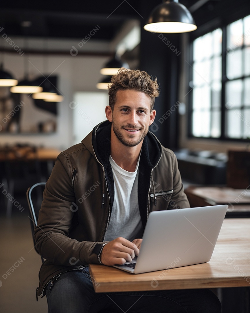 Homem atraente na casa dos 30 anos em um macbook