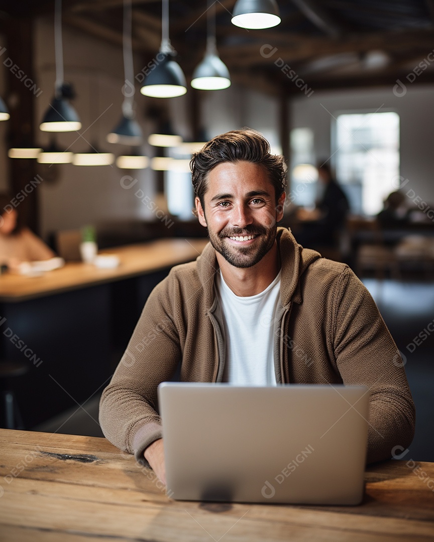 Homem atraente na casa dos 30 anos em um macbook