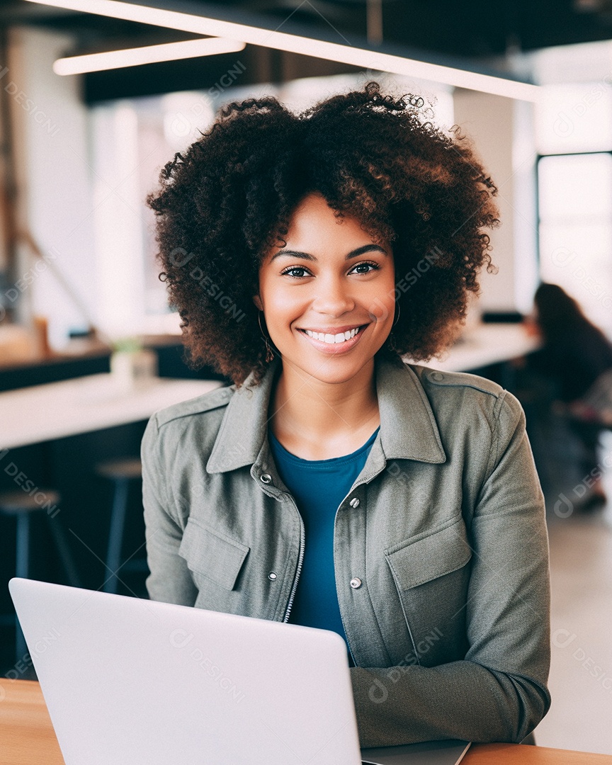 Mulher negra atraente na casa dos 30 anos em um macbook