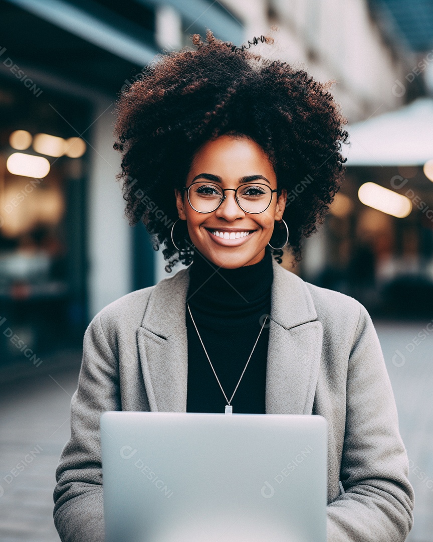 Mulher negra atraente na casa dos 30 anos em um macbook