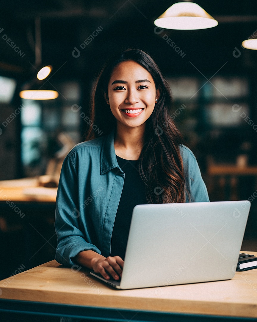 Mulher asiática atraente na casa dos 30 anos em um macbook