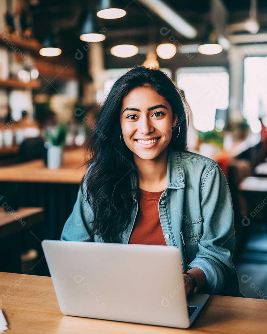 Mulher asiática atraente na casa dos 30 anos em um macbook