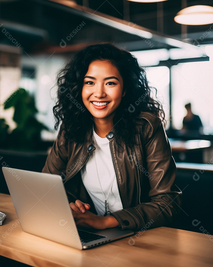 Mulher asiática atraente na casa dos 30 anos em um macbook