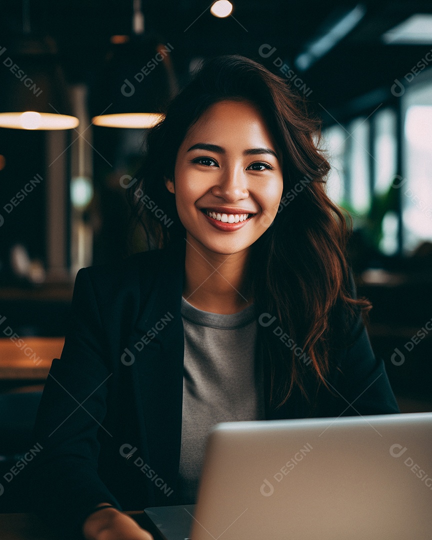 Mulher asiática atraente na casa dos 30 anos em um macbook