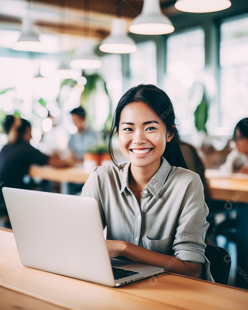 Mulher asiática atraente na casa dos 30 anos em um macbook