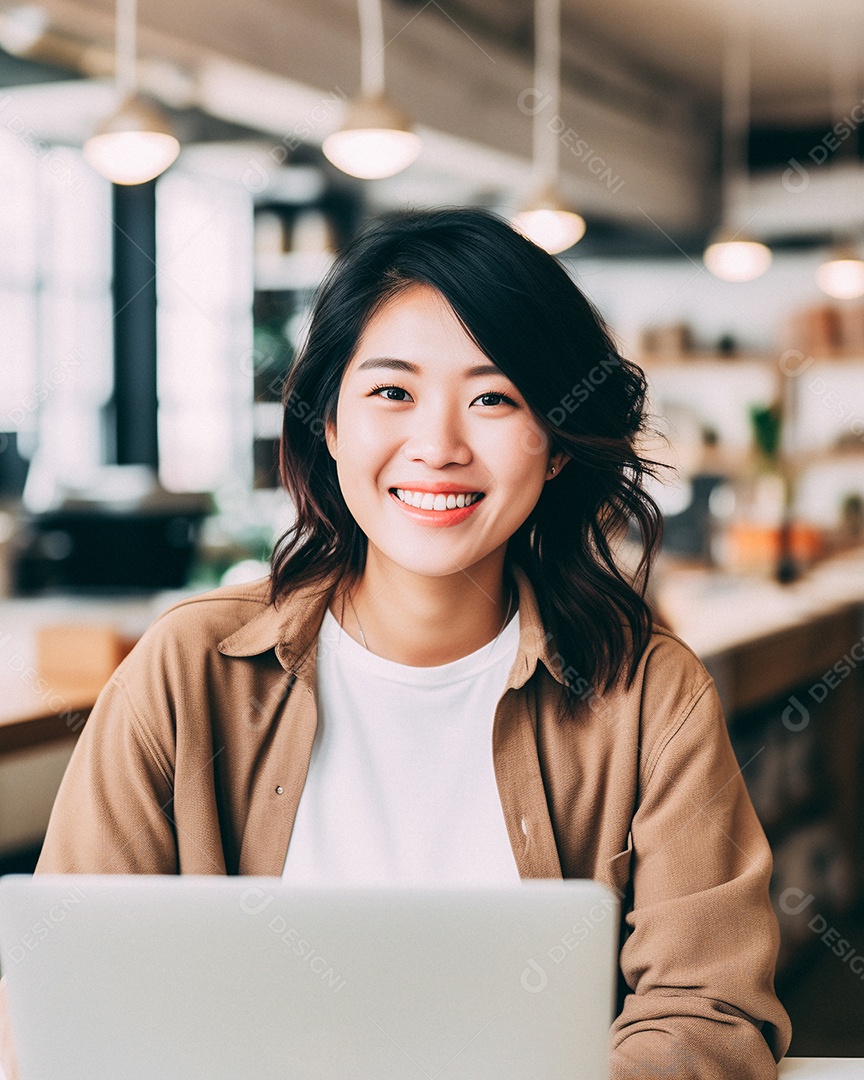 Mulher asiática atraente na casa dos 30 anos em um macbook