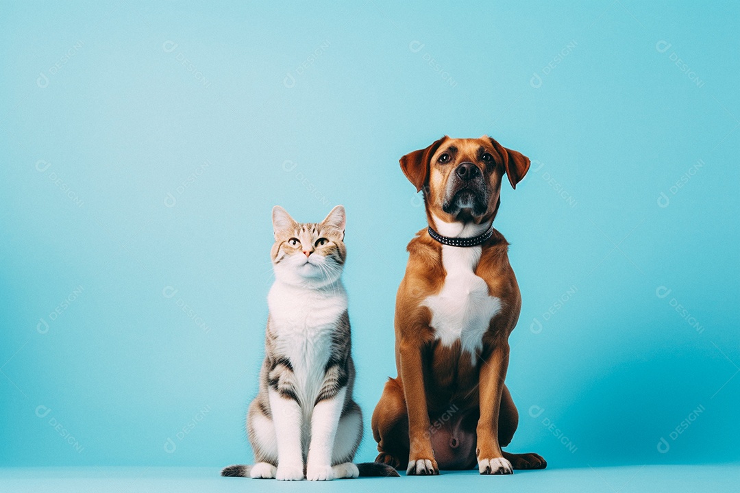 Cão e gato sentados para foto isolados no fundo azul do estúdio