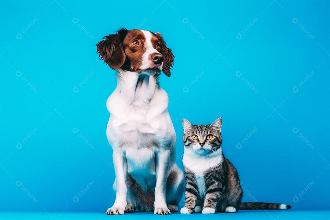 Cão e gato sentados para foto isolados no fundo azul do estúdio