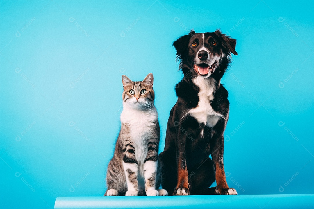 Cão e gato sentados para foto isolados no fundo azul do estúdio