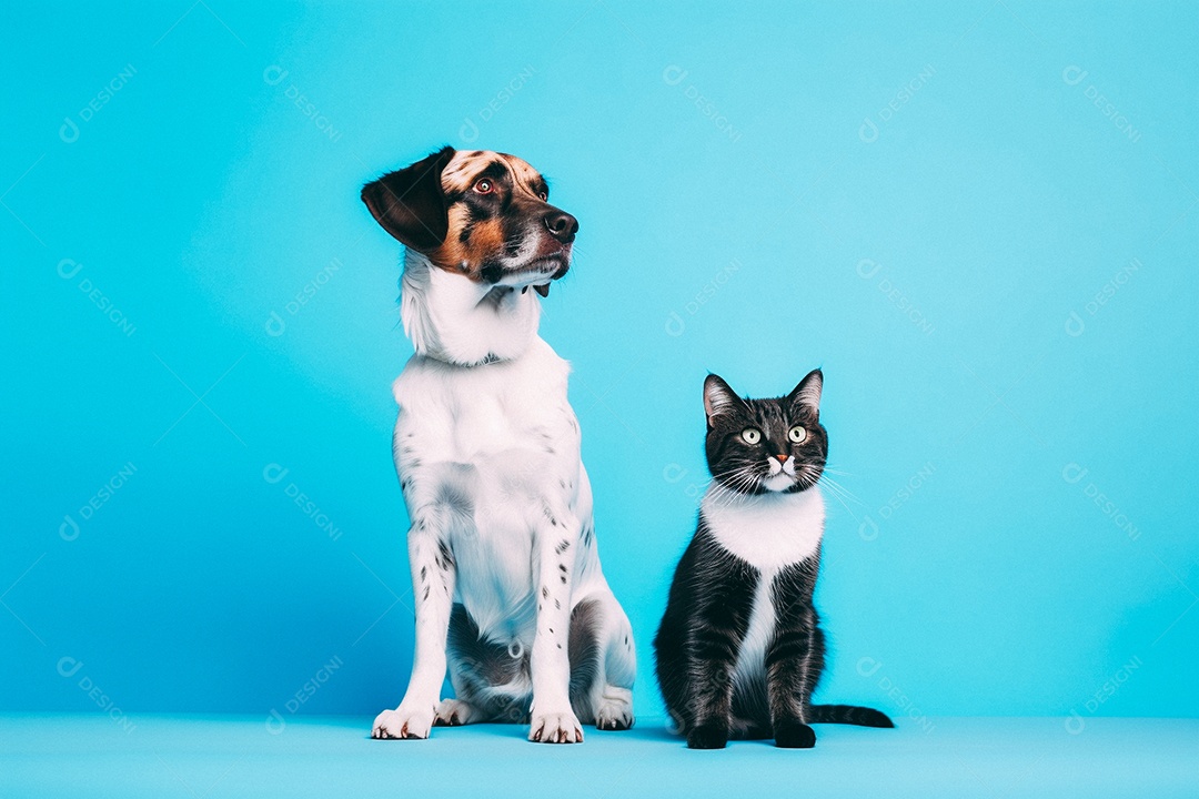 Cão e gato sentados para foto isolados no fundo azul do estúdio