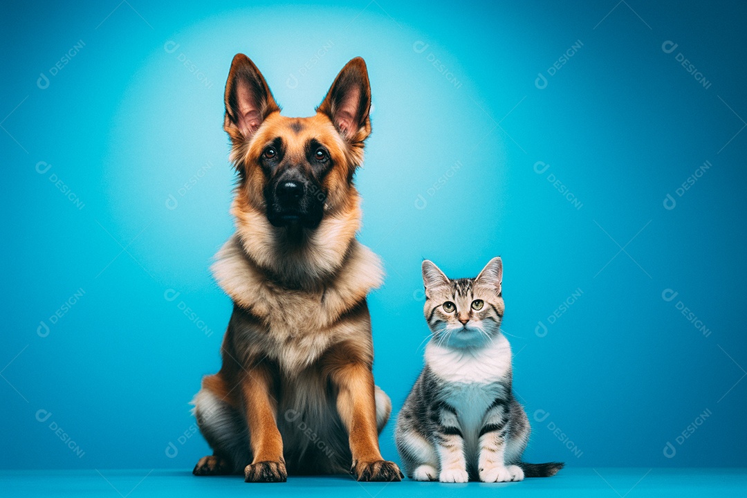 Cão e gato sentados para foto isolados no fundo azul do estúdio