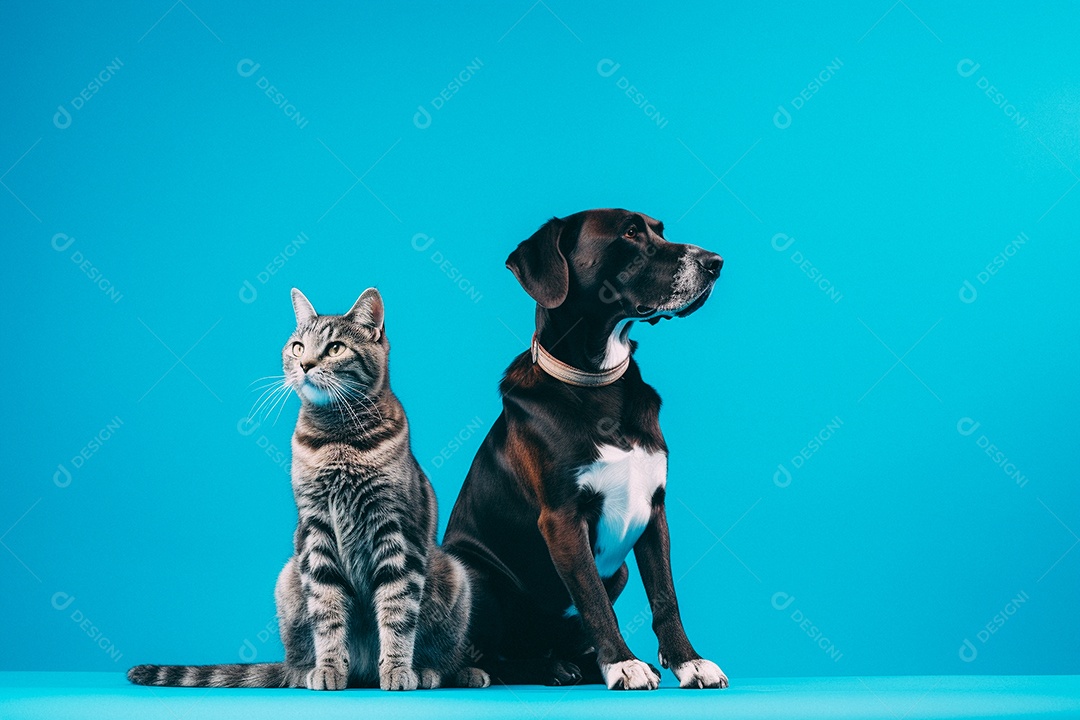 Cão e gato sentados para foto isolados no fundo azul do estúdio