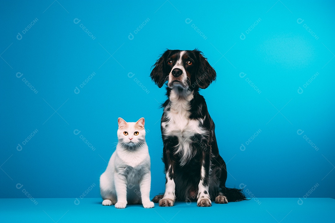 Cão e gato sentados para foto isolados no fundo azul do estúdio