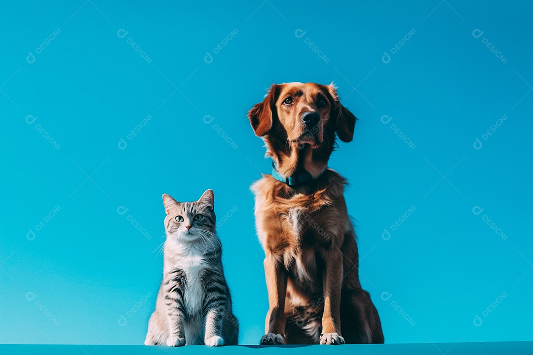 Cão e gato sentados para foto isolados no fundo azul do estúdio