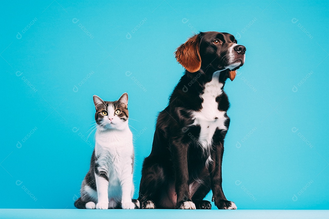 Cão e gato sentados para foto isolados no fundo azul do estúdio