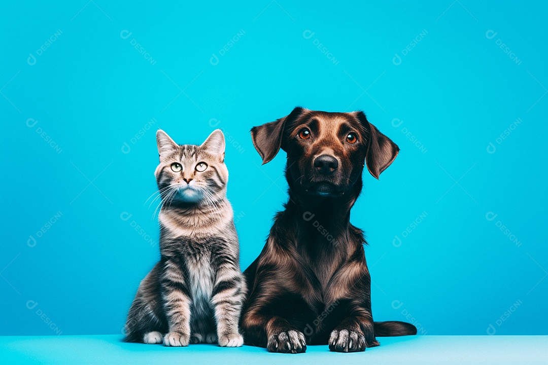 Cão e gato sentados para foto isolados no fundo azul do estúdio