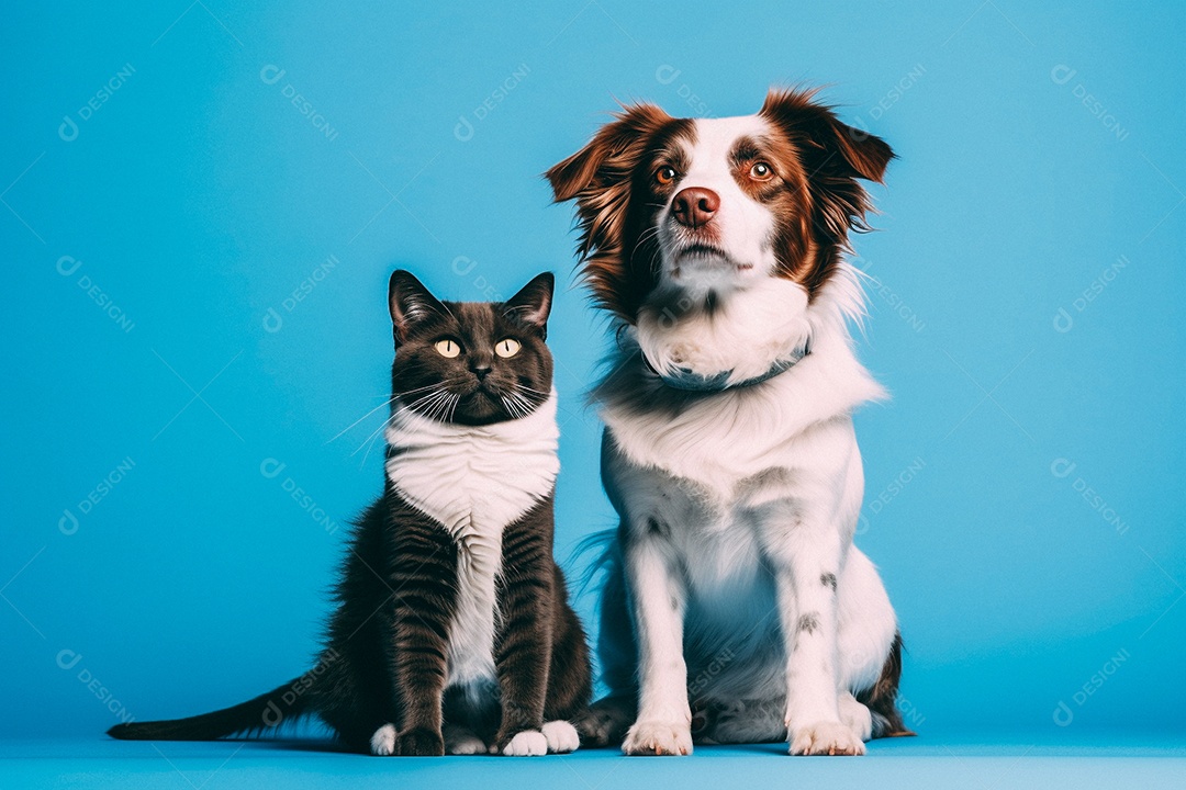 Cão e gato sentados para foto isolados no fundo azul do estúdio