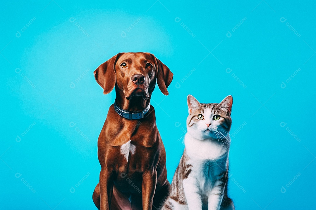 Cão e gato sentados para foto isolados no fundo azul do estúdio