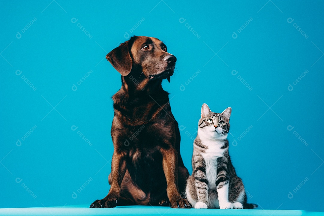 Cão e gato sentados para foto isolados no fundo azul do estúdio