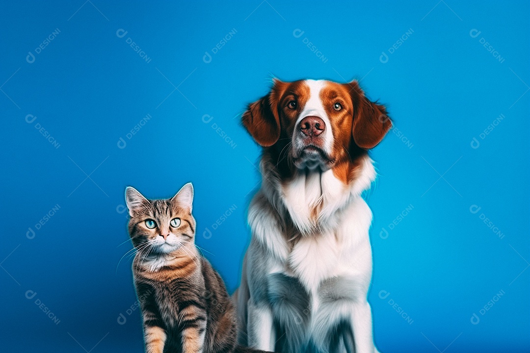 Cão e gato sentados para foto isolados no fundo azul do estúdio
