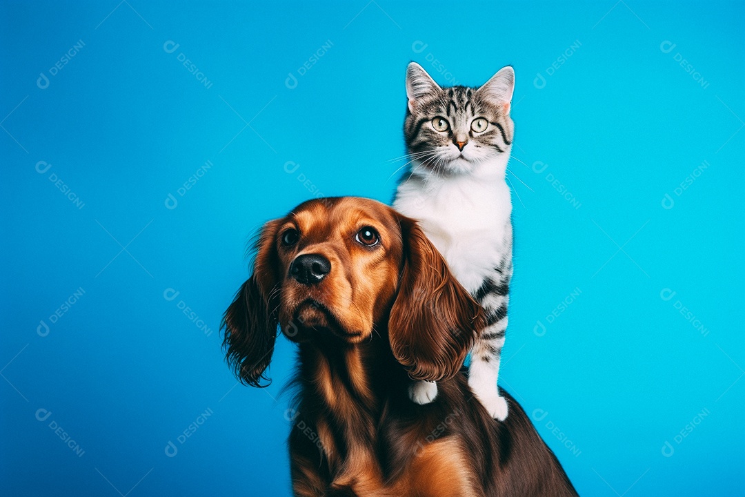 Cachorro e gato sentados para foto isolada no fundo azul do estúdio