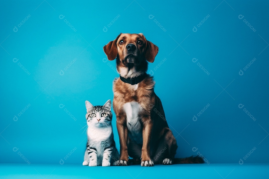 Cão e gato sentados para foto isolados no fundo azul do estúdio