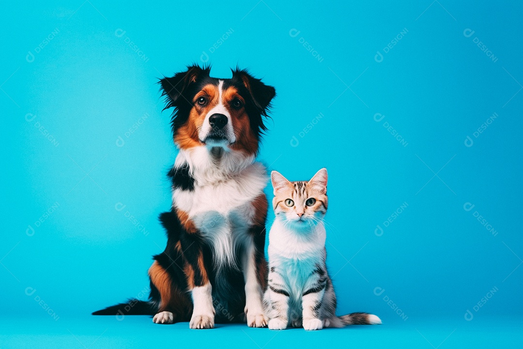 Cão e gato sentados para foto isolados no fundo azul do estúdio