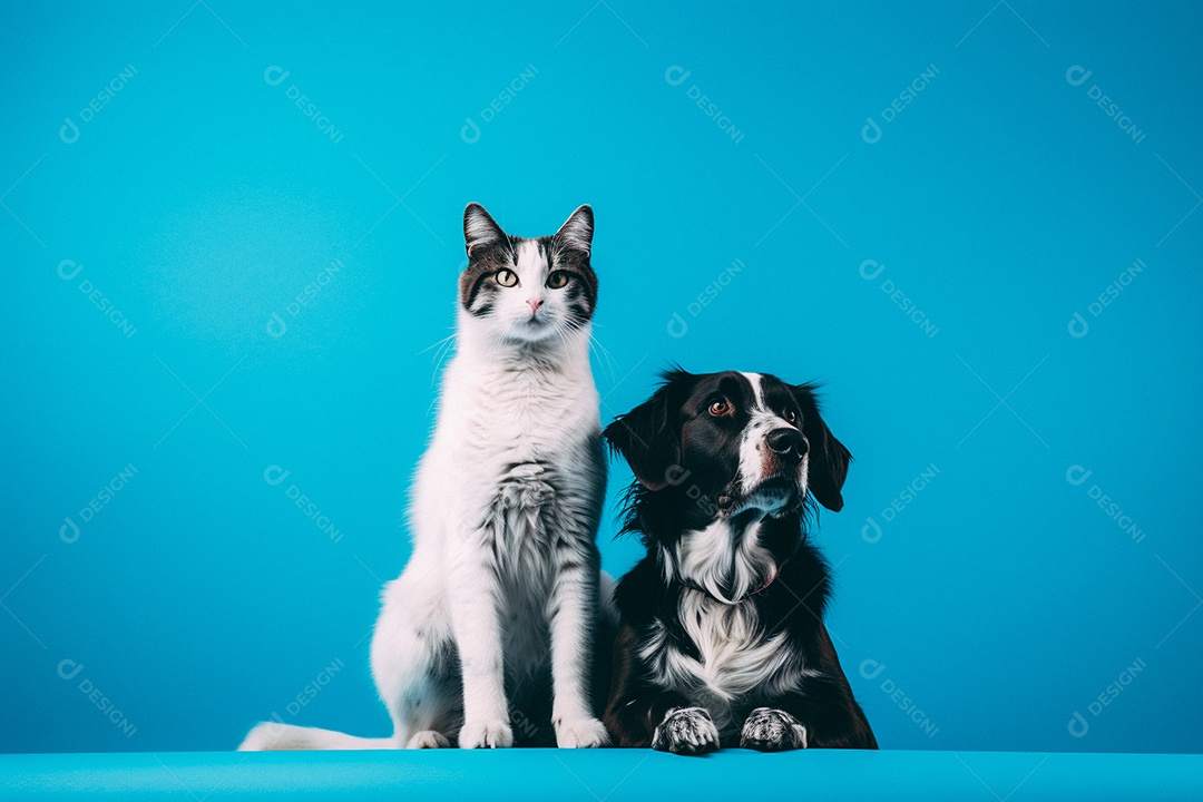 Cão e gato sentados para foto isolados no fundo azul do estúdio