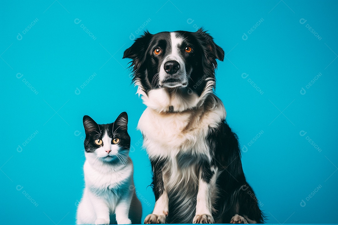 Cão e gato sentados para foto isolados no fundo azul do estúdio