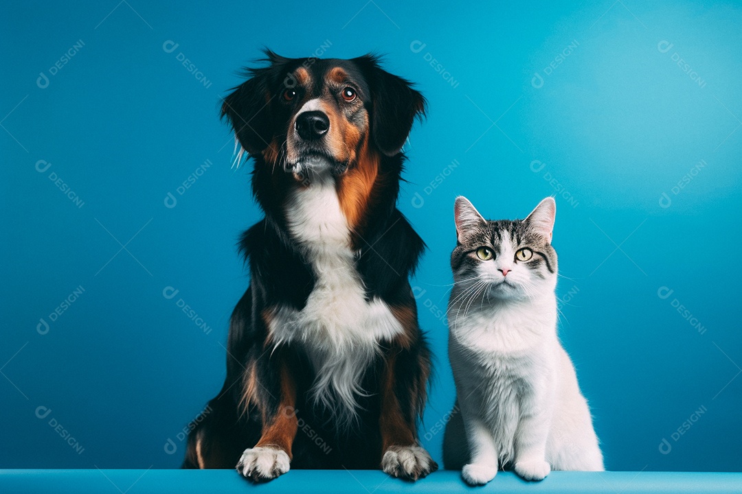 Cão e gato sentados para foto isolados no fundo azul do estúdio