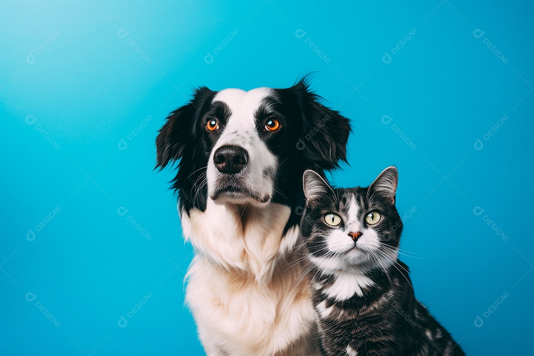 Cão e gato sentados para foto isolados no fundo azul do estúdio