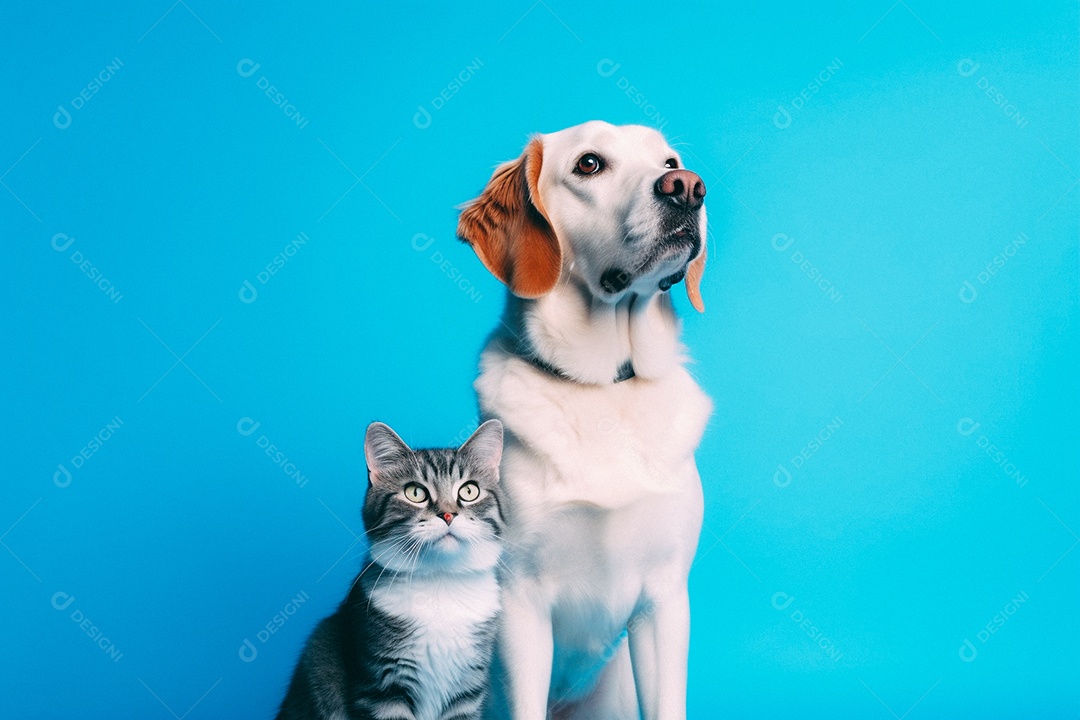 Cão e gato sentados para foto isolados no fundo azul do estúdio