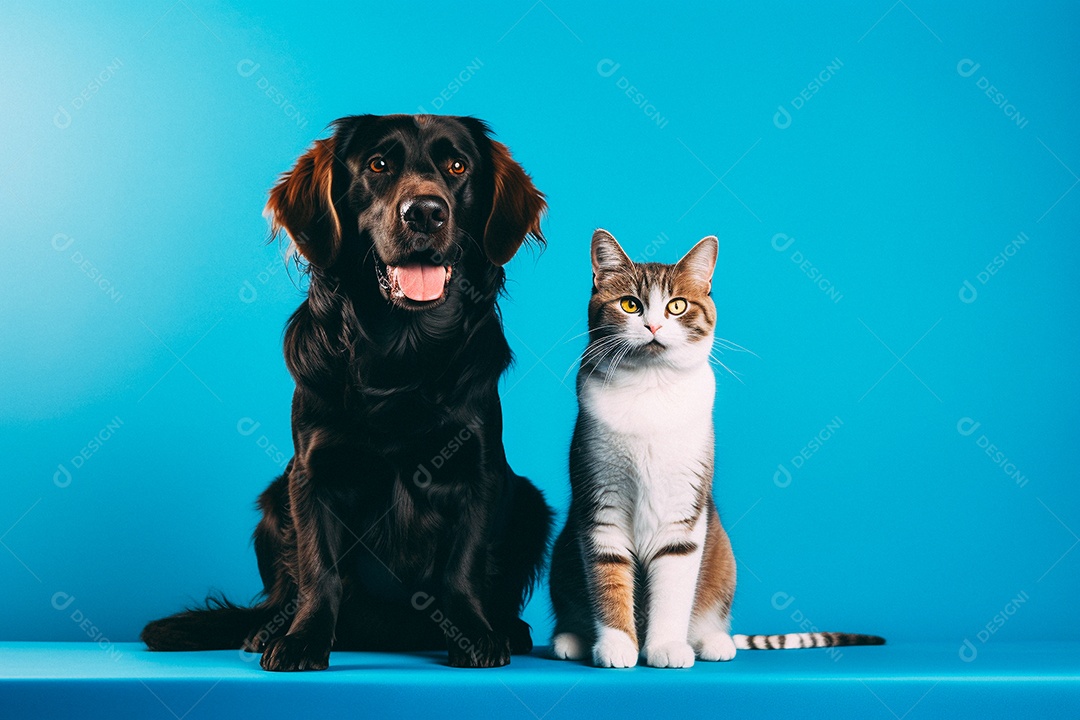 Cão e gato sentados para foto isolados no fundo amarelo do estúdio