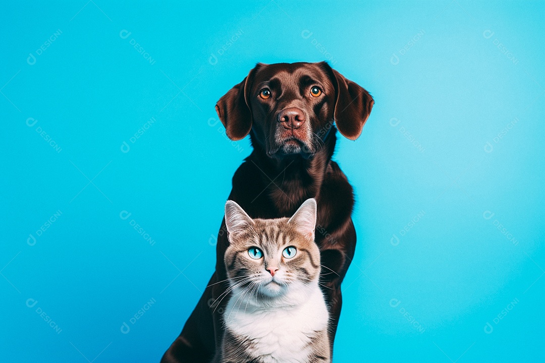 Cão e gato sentados para foto isolados no fundo amarelo do estúdio
