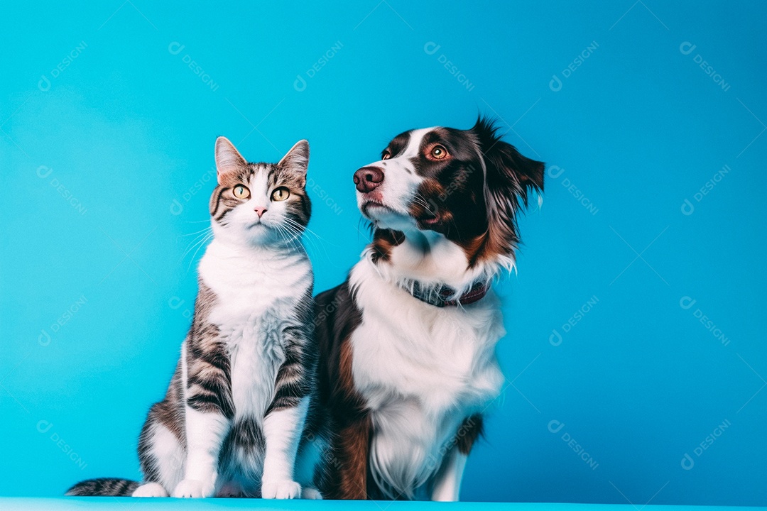 Cão e gato sentados para foto isolados no fundo amarelo do estúdio