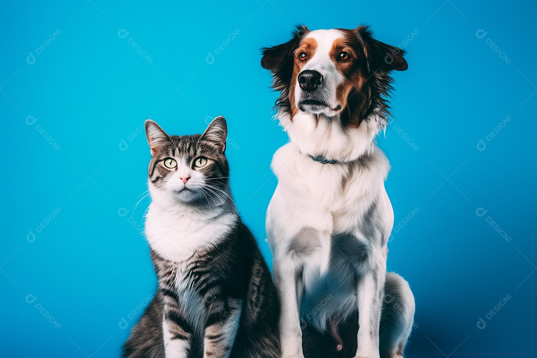 Cão e gato sentados para foto isolados no fundo amarelo do estúdio