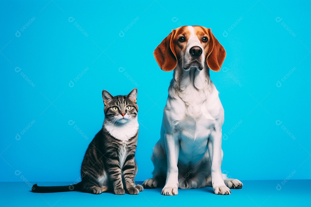 Cão e gato sentados para foto isolados no fundo amarelo do estúdio