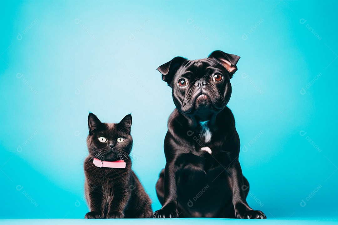 Cão e gato sentados para foto isolados no fundo amarelo do estúdio