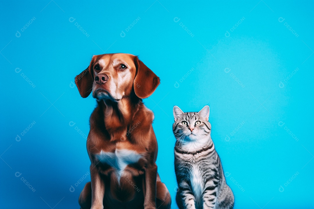 Cão e gato sentados para foto isolados no fundo amarelo do estúdio
