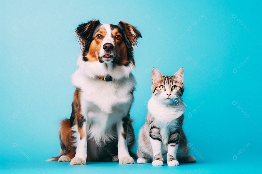 Cão e gato sentados para foto isolados no fundo amarelo do estúdio