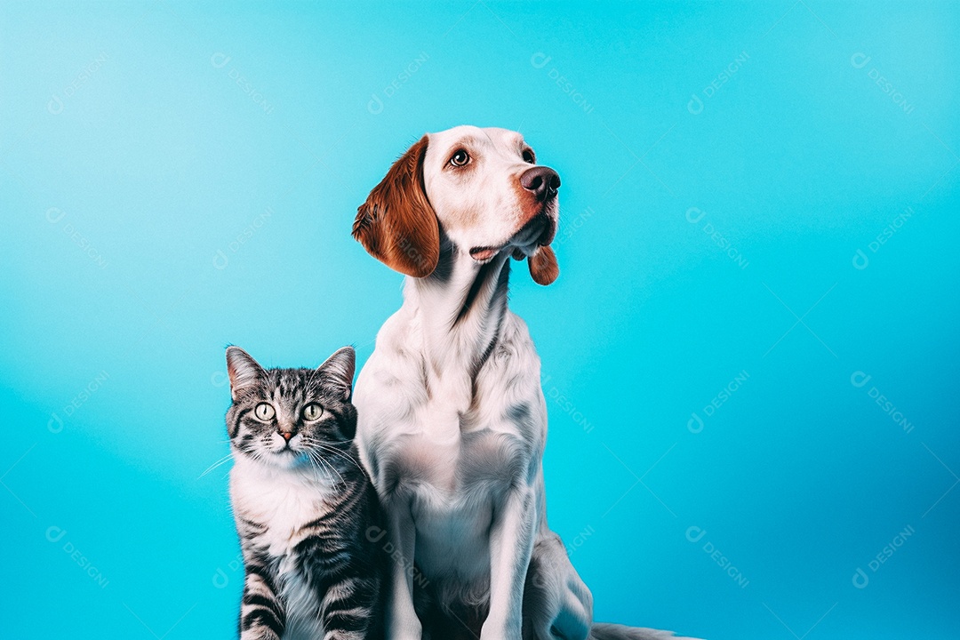 Cão e gato sentados para foto isolados no fundo amarelo do estúdio