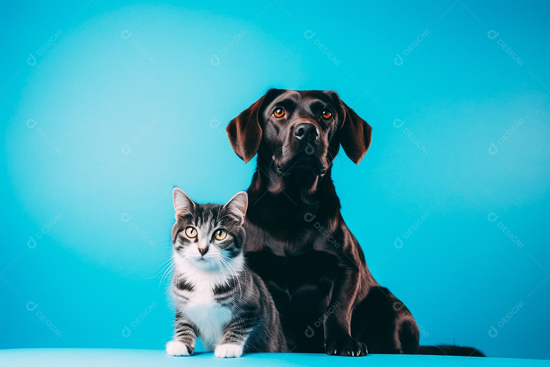 Cão e gato sentados para foto isolados no fundo amarelo do estúdio