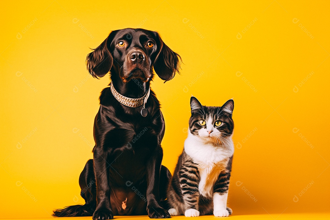 Cão e gato sentados para foto isolados no fundo amarelo do estúdio