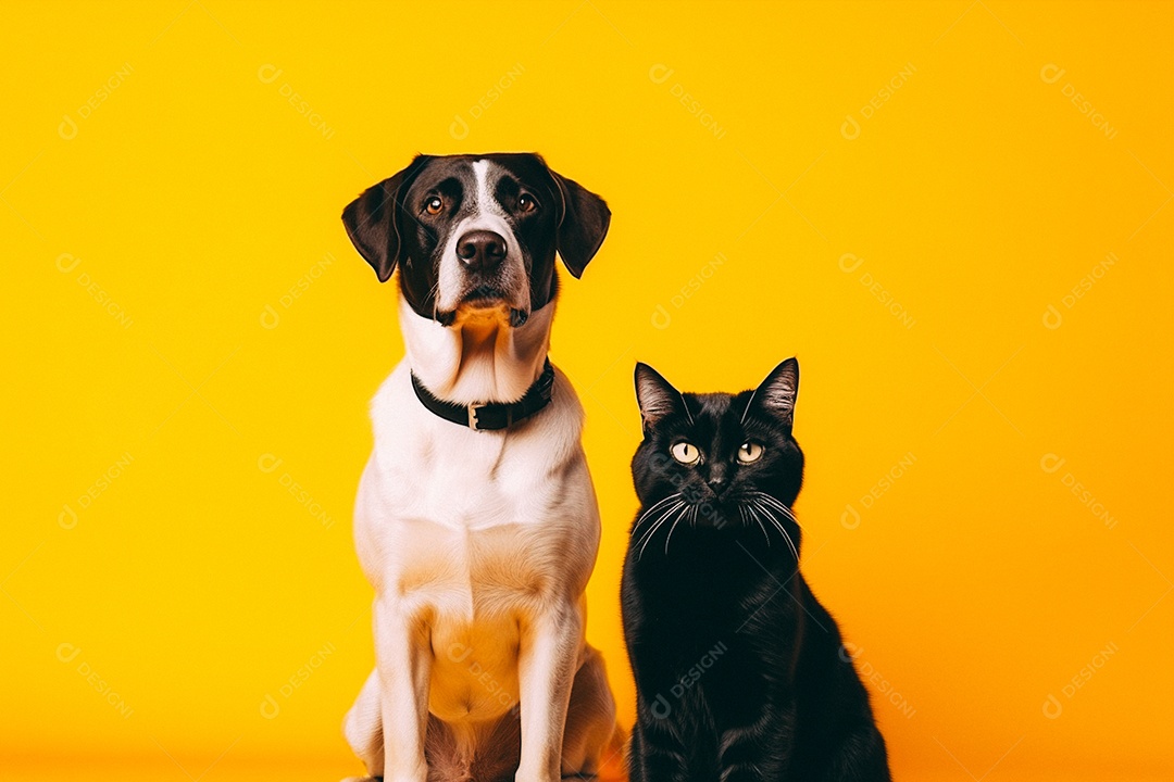 Cão e gato sentados para foto isolados no fundo amarelo do estúdio