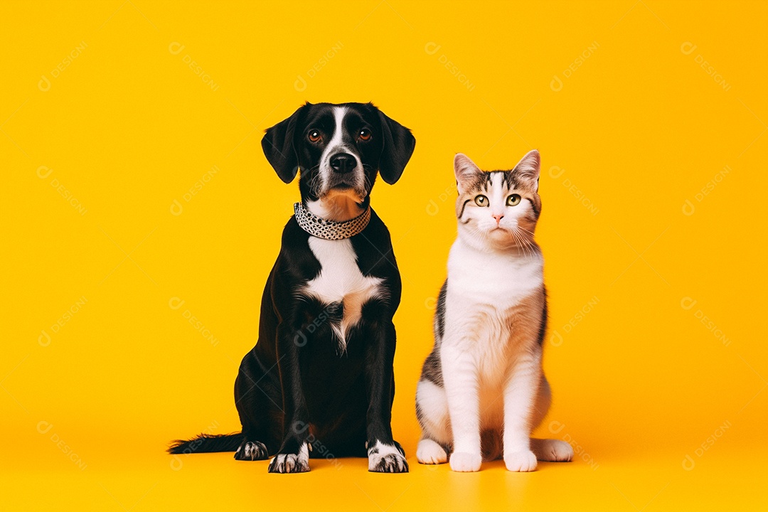 Cão e gato sentados para foto isolados no fundo amarelo do estúdio