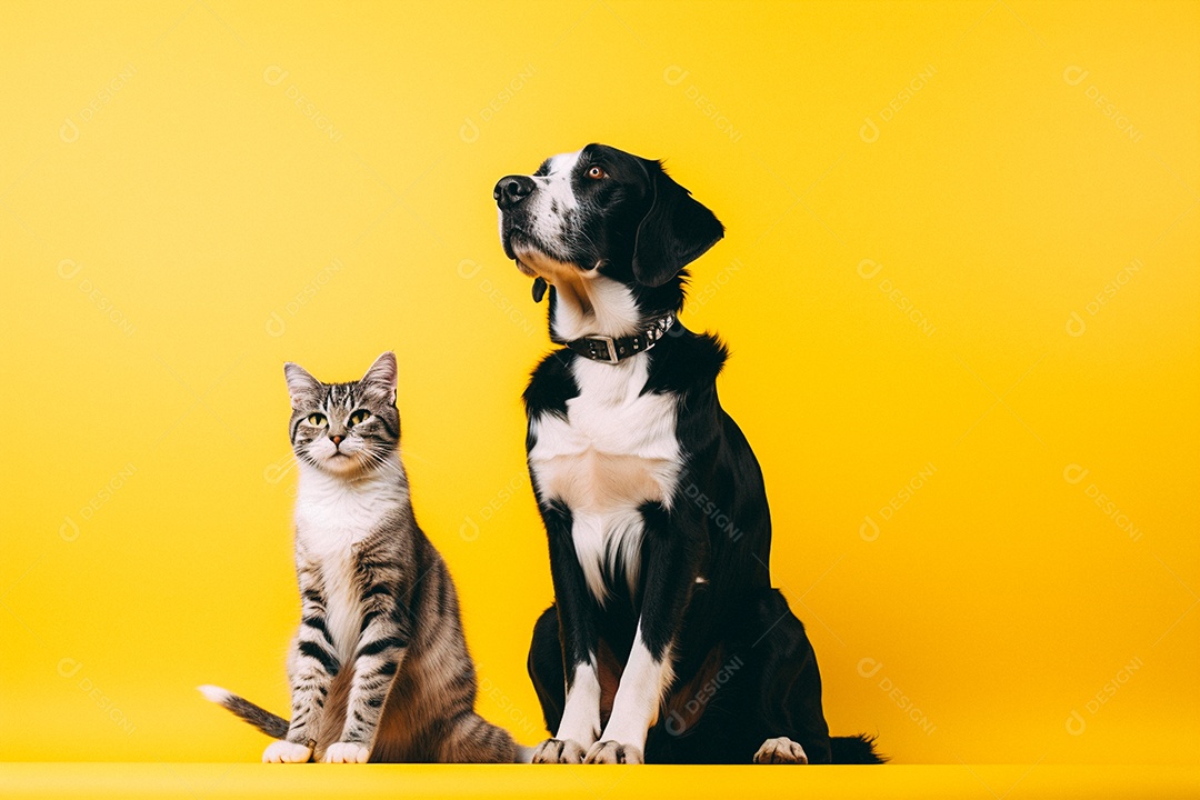 Cão e gato sentados para foto isolados no fundo amarelo do estúdio