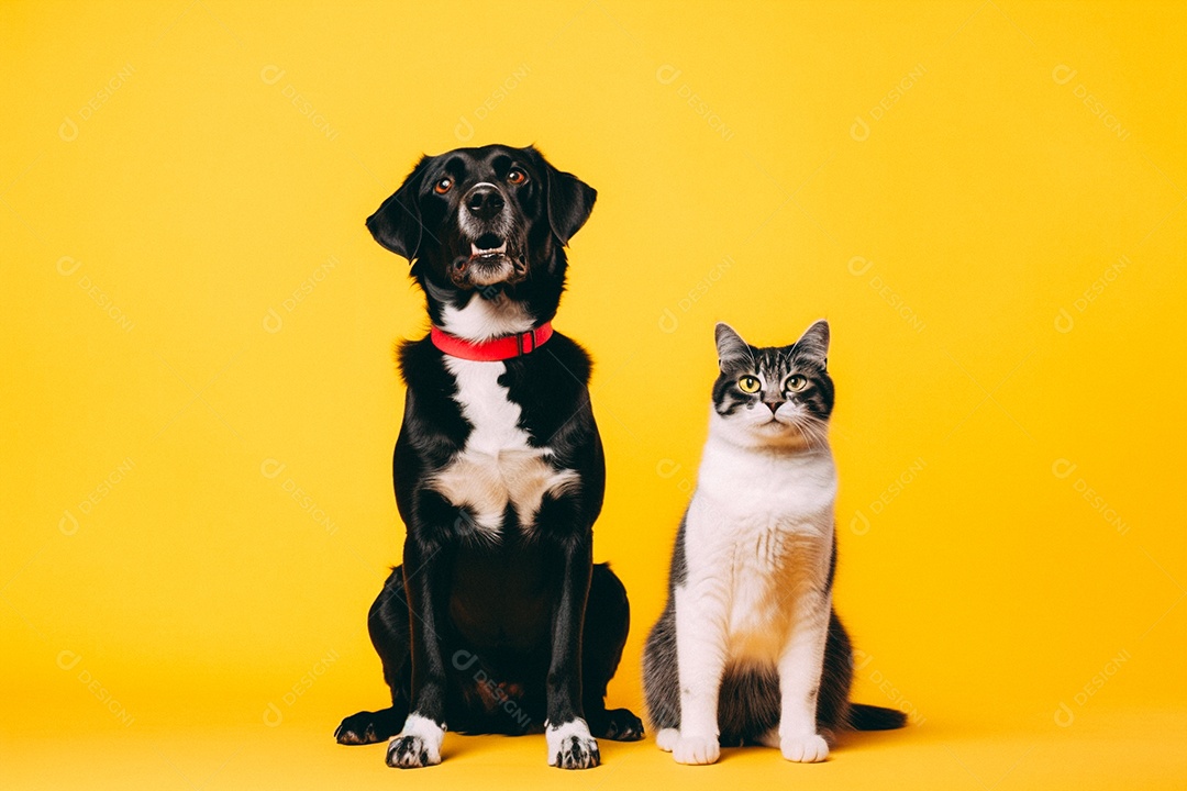 Cão e gato sentados para foto isolados no fundo amarelo do estúdio