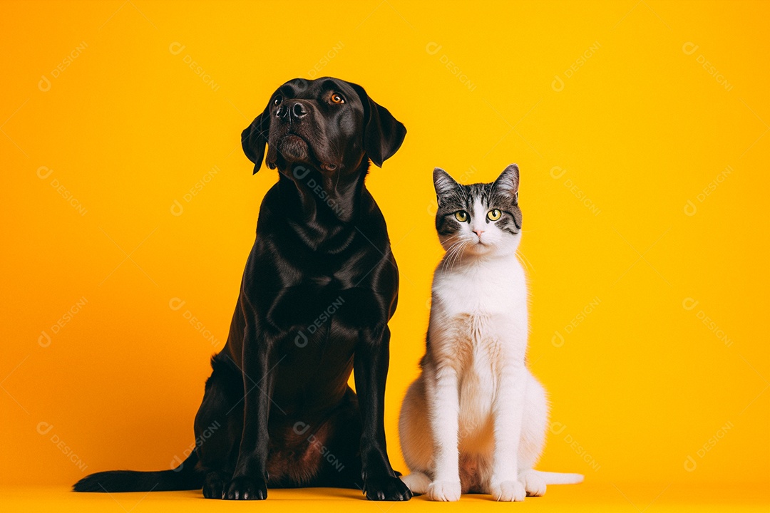 Cão e gato sentados para foto isolados no fundo amarelo do estúdio