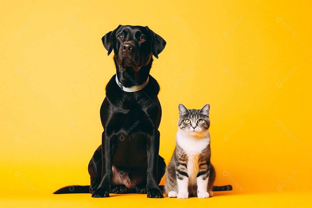 Cão e gato sentados para foto isolados no fundo amarelo do estúdio